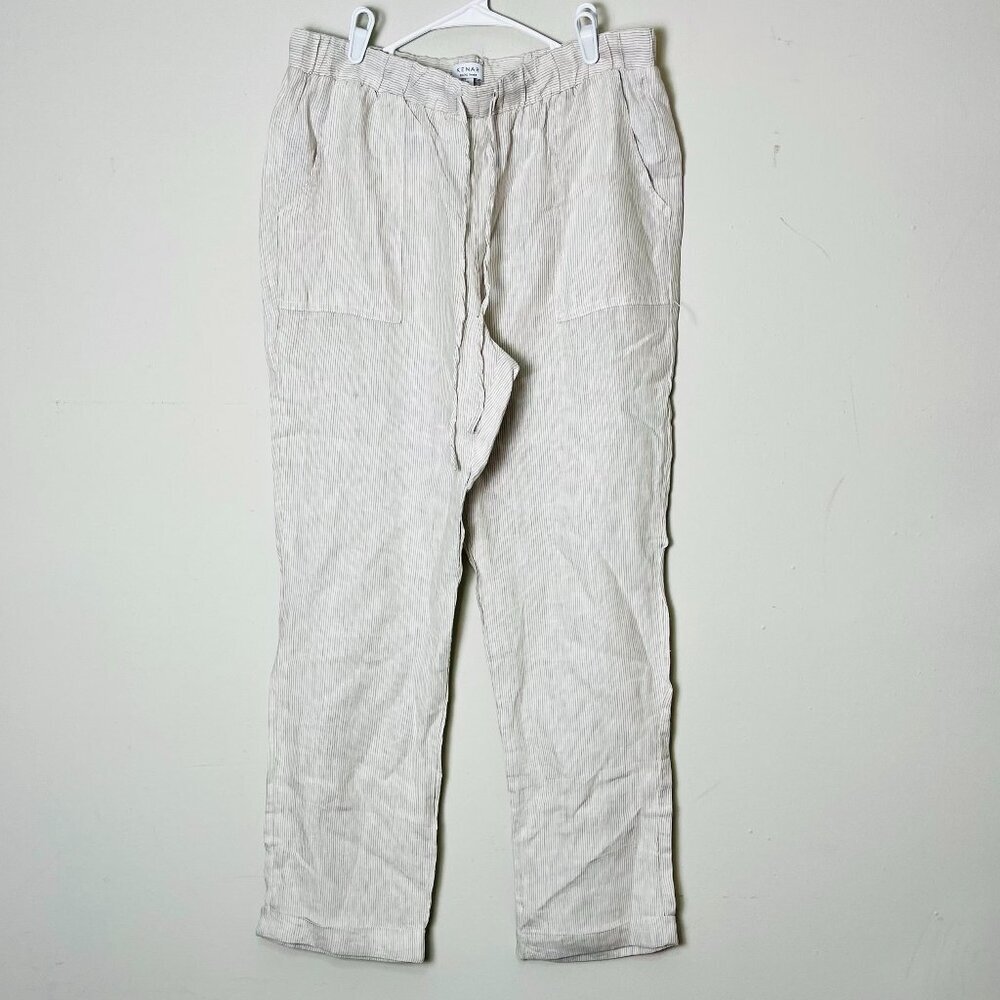 Kenar Pants Women's Large White Stripes  100%‎ Linen Leg Elastic Waist Lounge